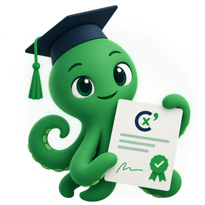 La mascotte Certifiix, une pieuvre verte en toque de diplômé, qui tient un certificat Certifiix